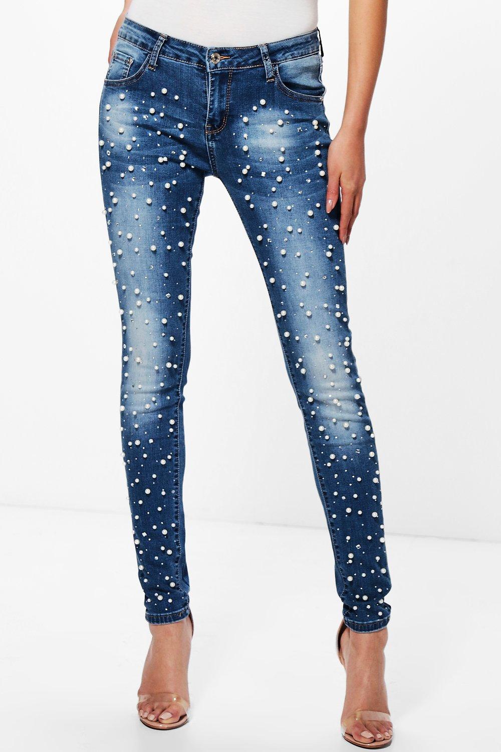 Ellen All Over Pearl Embellished Skinny Jeans Boohoo 5792